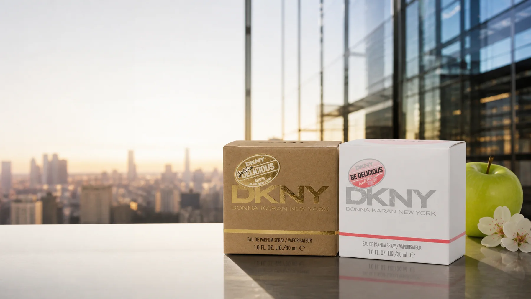 DKNY parfum in een moderne New Yorkse setting met glas, staal en appelgroen
