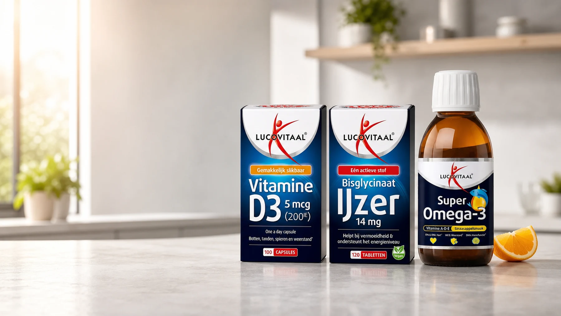 Lucovitaal vitamine D3, ijzer en omega 3 in een heldere dagelijkse setting