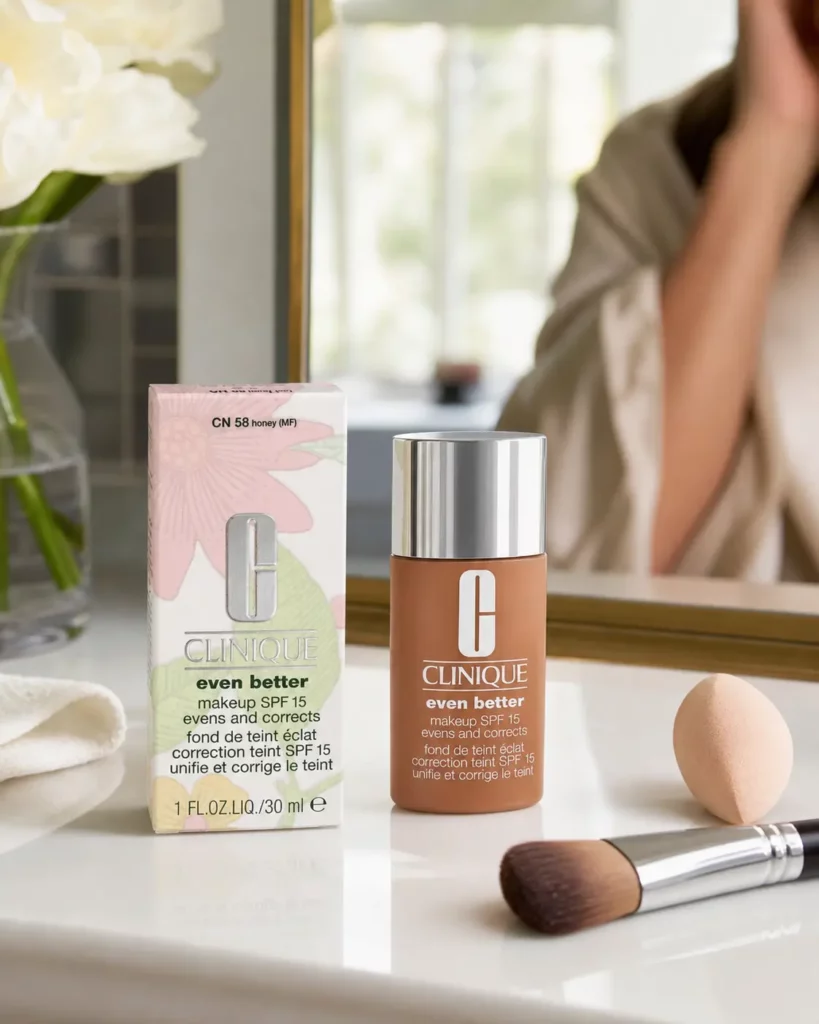 Clinique Even Better foundation SPF15 CN 58 Honey - sfeerfoto shade-setting