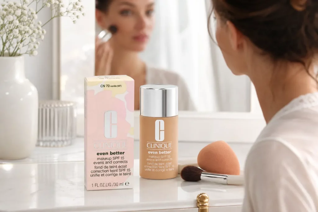 Clinique Even Better foundation SPF15 CN 70 Vanilla - sfeerfoto shade-setting